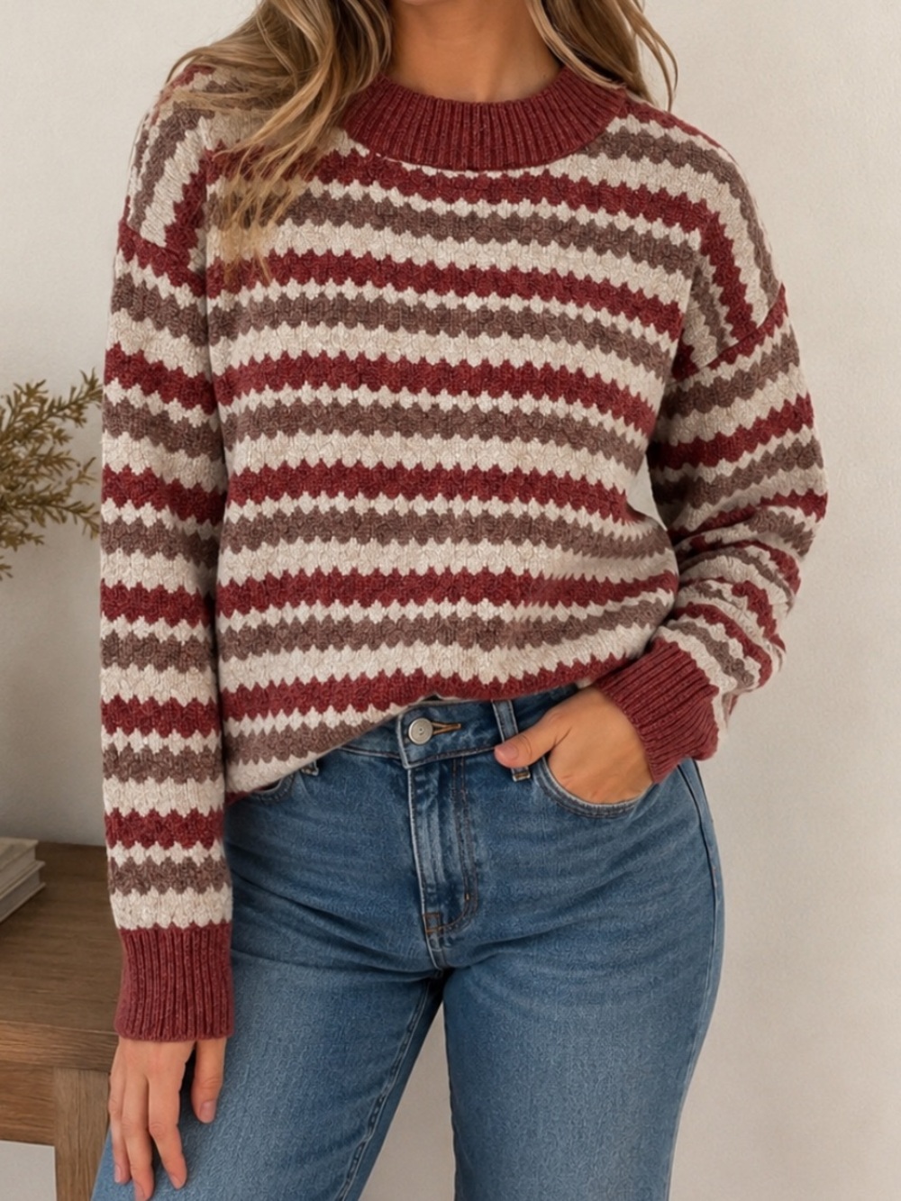 Anthropologie Line and Dot Chenille Chunky Knit Striped Boxy Sweater Tan Small